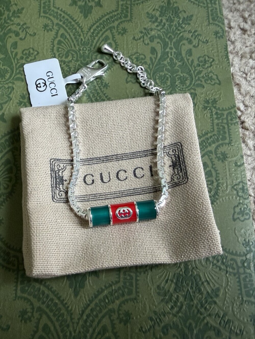 GUCCI Silver Chain Bracelet with Red and Green Enamel Bar